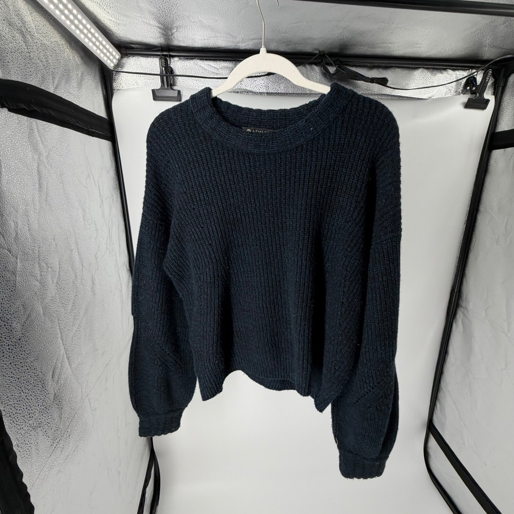 Athleta Wool Cashmere Ribbed Crewneck Sweater Navy Blue Marl Medium Relaxed